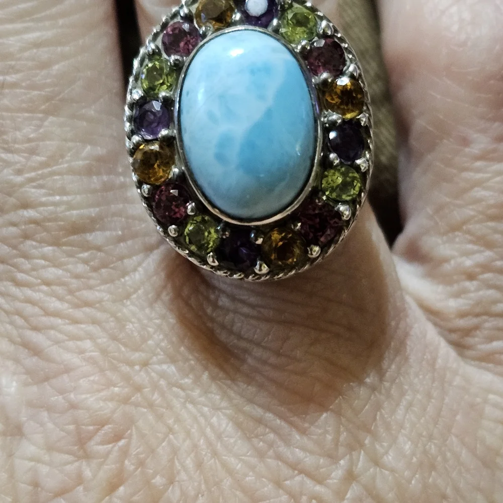 Artisan Crafted Natural Larimar & Multicolor Tourmaline 💍 Sterling Silver Sz 7. - Picture 6 of 12